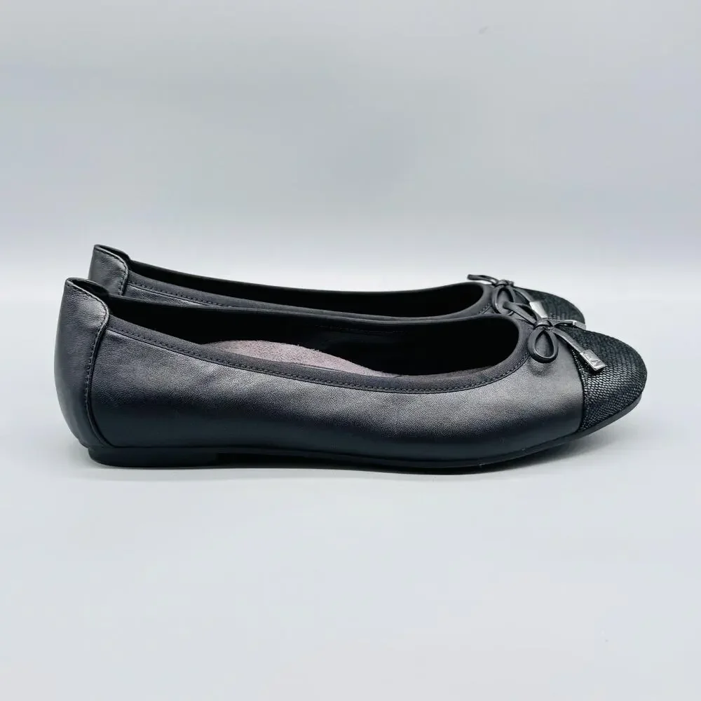 Vionic Shoes Womens 9.5 Black Leather Minna Ballet Flats Bow Cap Toe Comfort - Picture 1 of 13